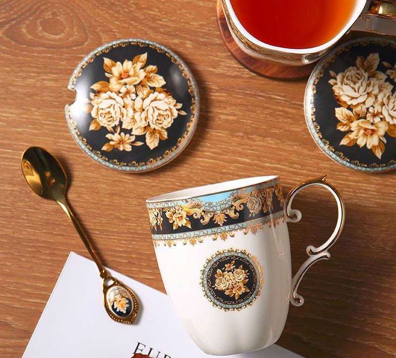 Elegant British Ceramic Coffee Mug with Spoon, Large Capacity Royal Bone China Porcelain Mug