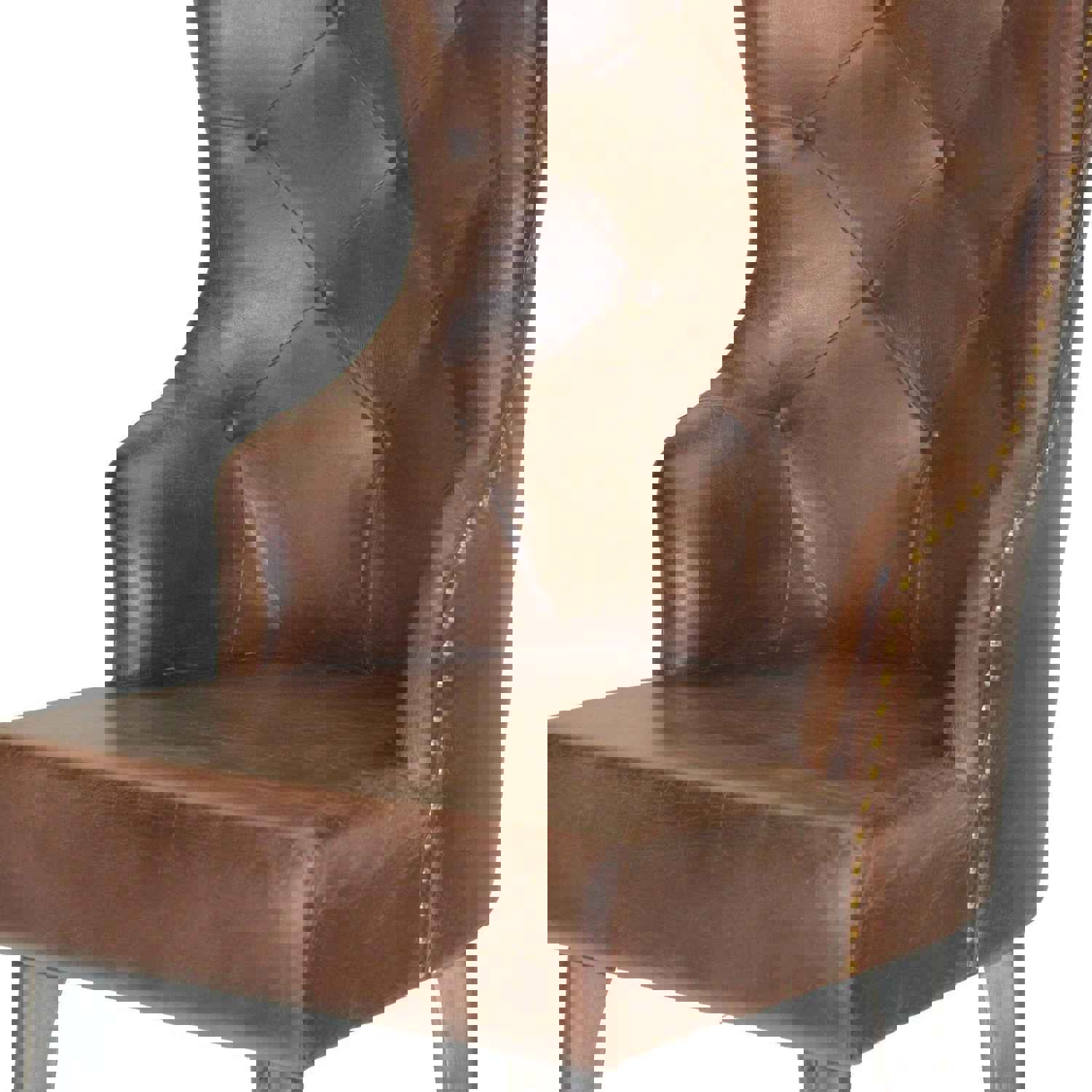 Farmhouse Luxury Dining Chair - Tufted Brown Leather - Metal Legs - Pair
