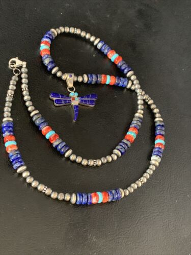 Handcrafted Blue Turquoise Spiny Lapis Oyster Dragonfly Pendant Sterling Silver Necklace