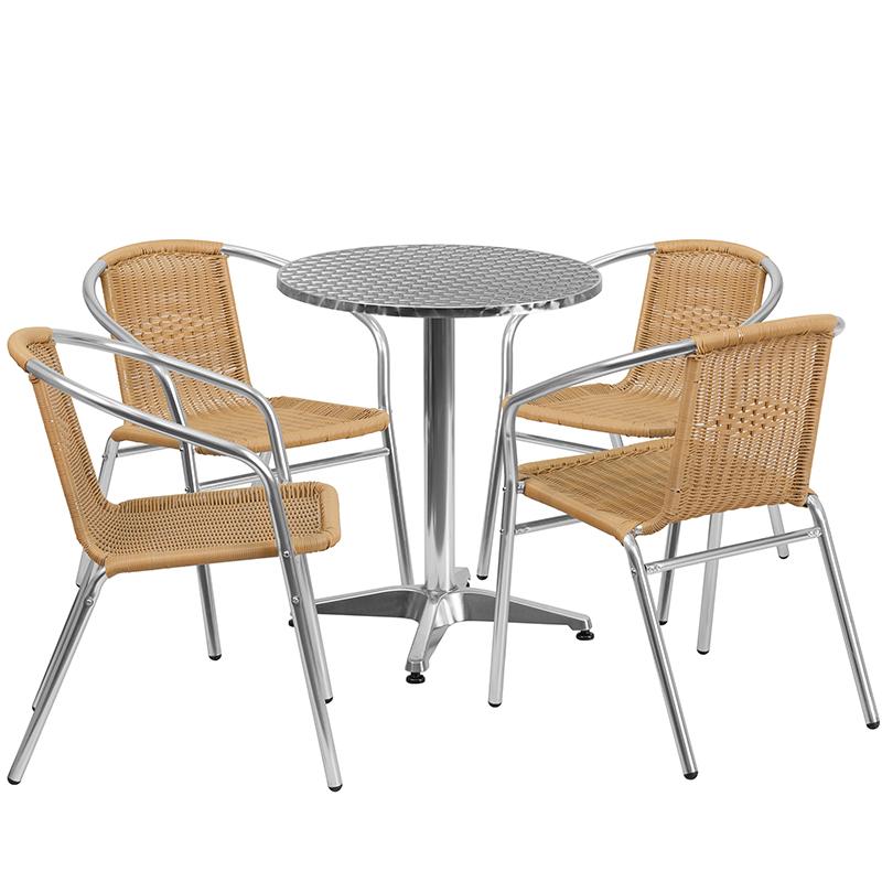 Flash Furniture 23.5" Round Aluminum Indoor-Outdoor Table Set with 4 Beige Rattan Chairs