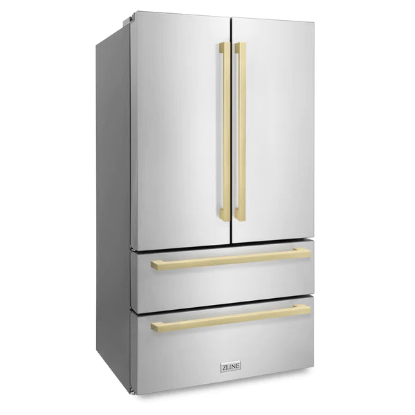 ZLINE 36 in. Autograph Edition 22.5 cu. ft 4-Door French Door Refrigerator with Ice Maker in Stainless Steel with Champagne Bronze Square Handles
