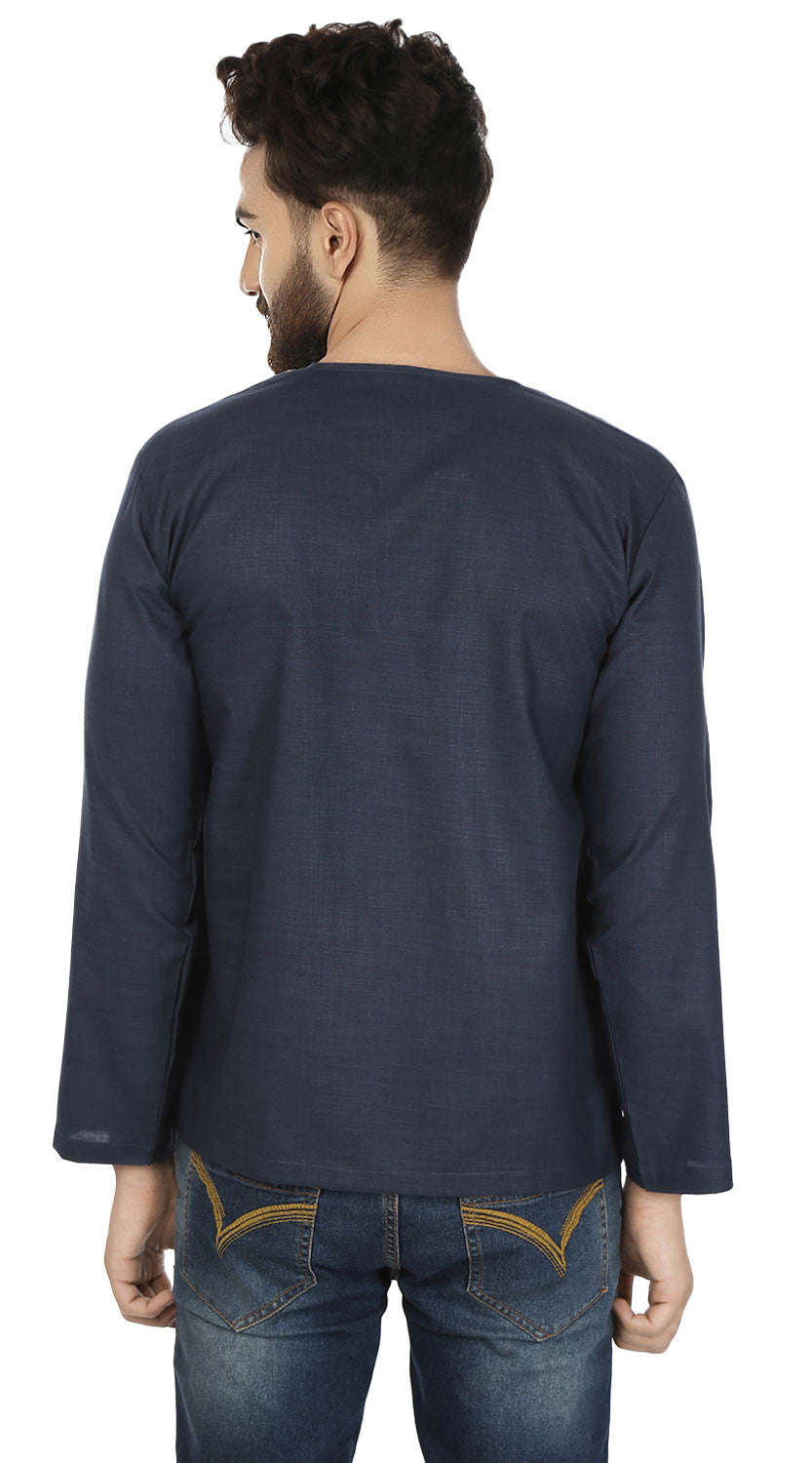 Men's Blue Cotton Short Kurta Shirt - Indian Clothing