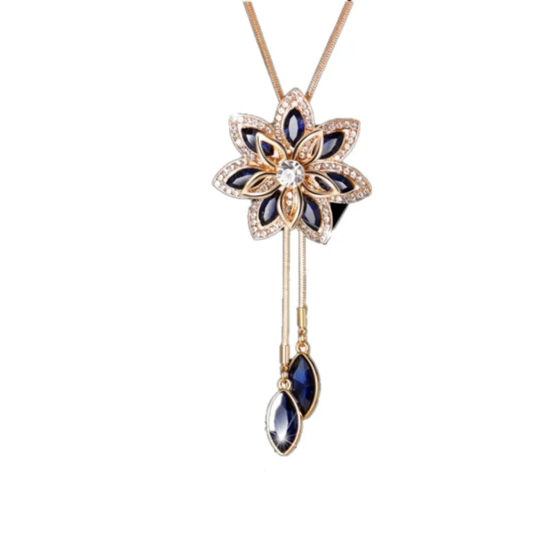 Snowflake Choker Sweaterchain Tassel Necklace for Women - Delicate Flower Crystal Pendant