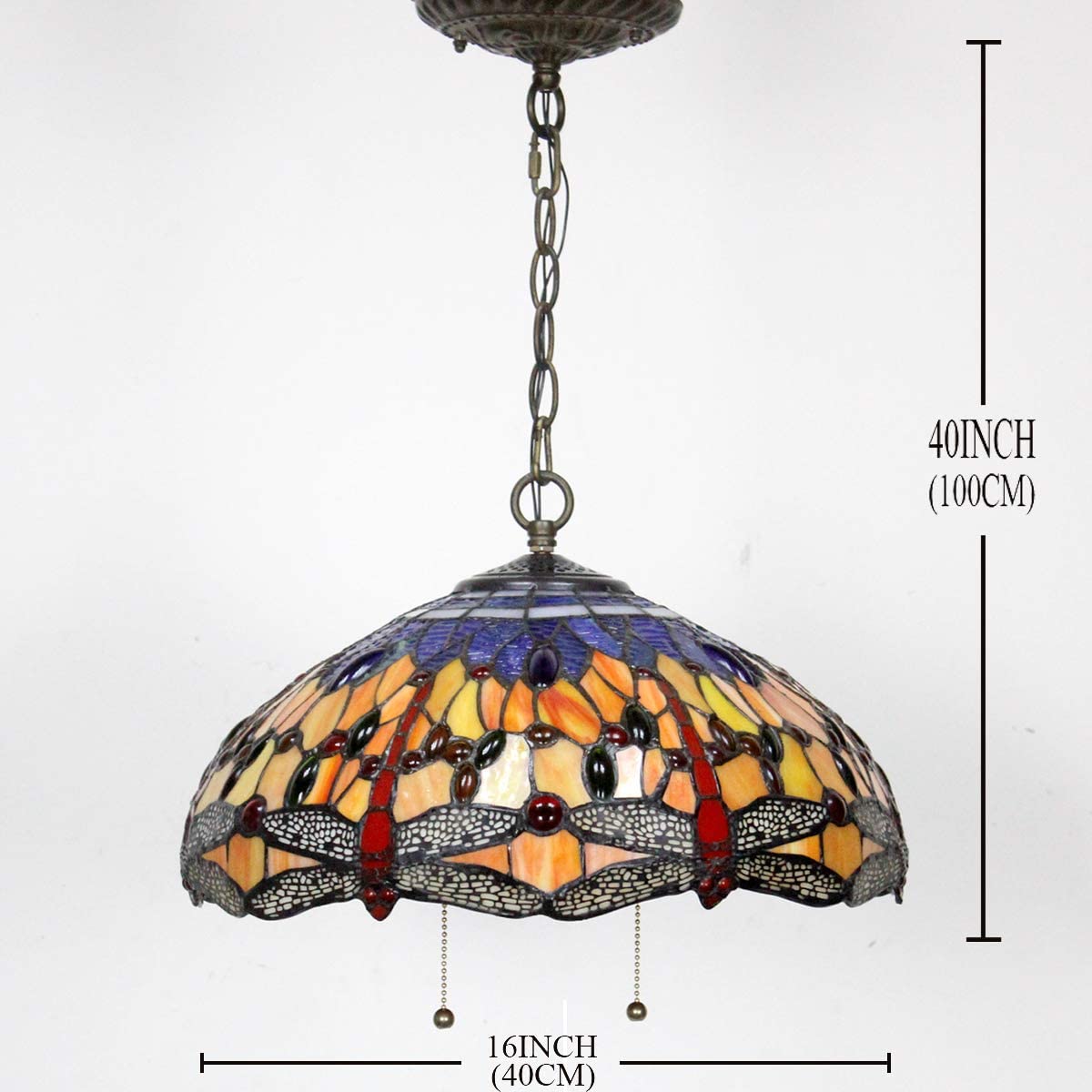 Stained Glass Pendant Lamp Fixture Werfactory® 16 Inch Tiffany Hanging Light Blue Yellow Dragonfly