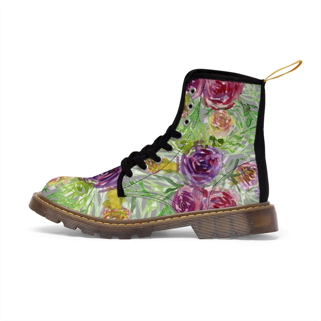Grey Yellow Floral Women's Boots - Rose Flower Print Combat Boots