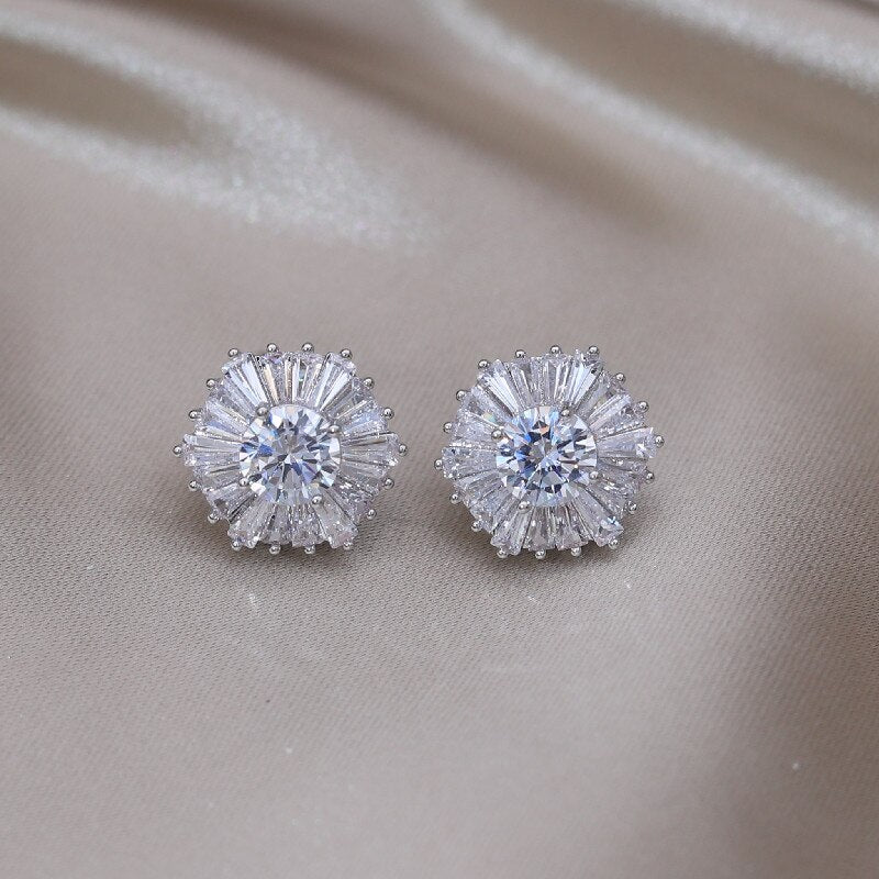 Korea Design Geometric Earrings for Women - Silver Color Copper Zircon Stud Earrings