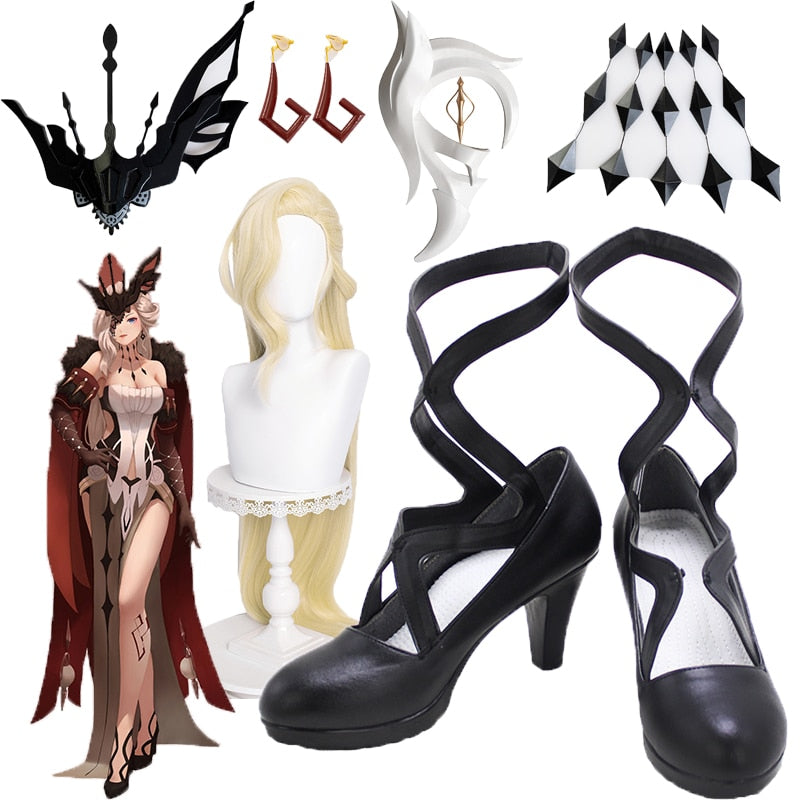 Genshin Impact Fatui Executive Officer NPC Cosplay Shoes with Yellow Wigs and La Signora Accessories