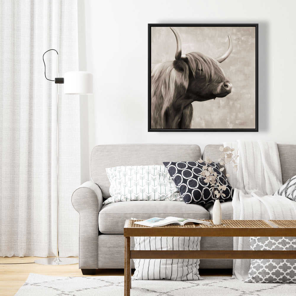 Beautiful Highland Cattle Sepia Fine Art Gallery Wrapped Canvas 36x36