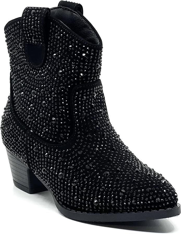 Forever River-01K Girls Rhinestone Cowboy Boots Kids Low Heel Dress Booties