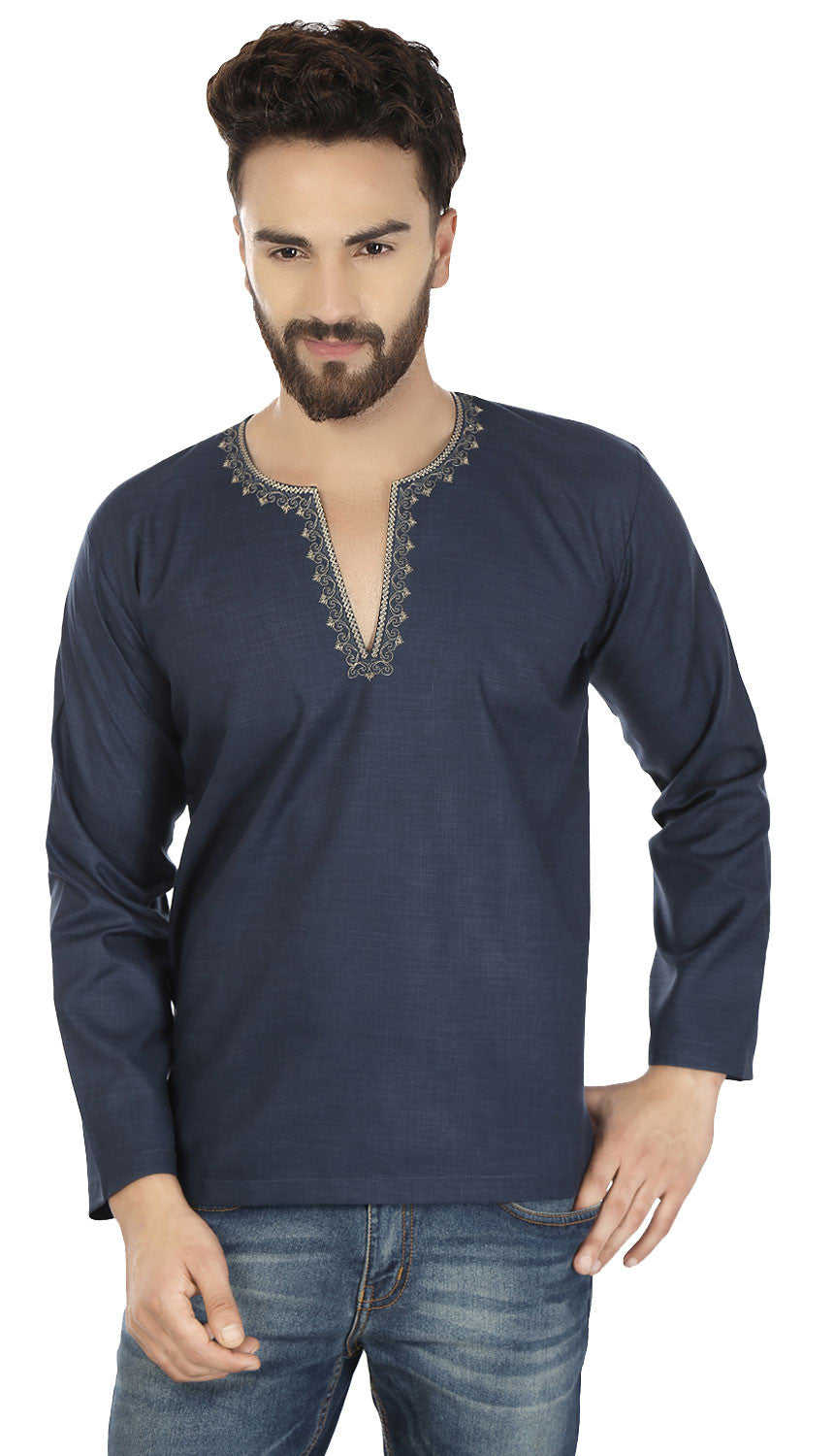 Men's Blue Cotton Short Kurta Shirt - Indian Clothing