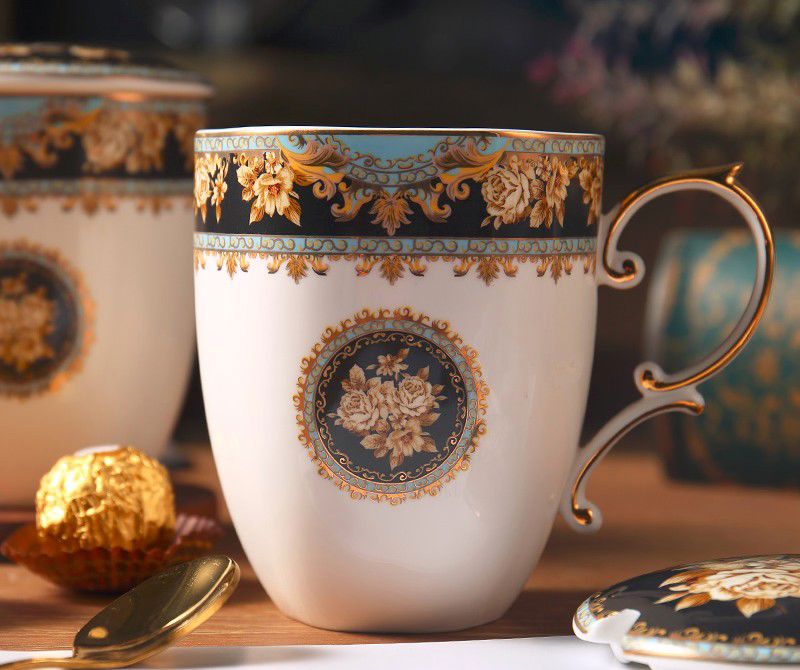 Elegant British Ceramic Coffee Mug with Spoon, Large Capacity Royal Bone China Porcelain Mug