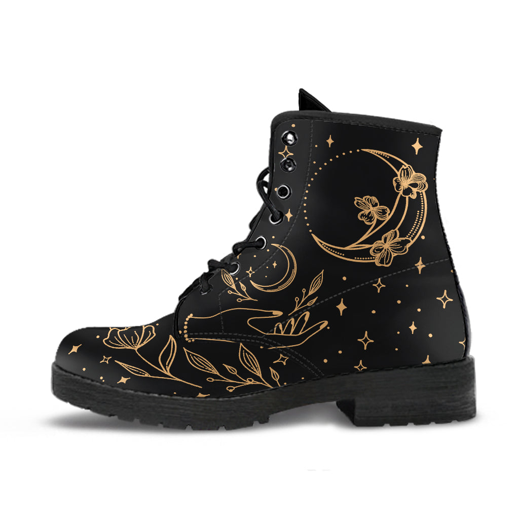 Witchy Moon Flowers Vegan Ankle Boots - Lace Up Combat Boots