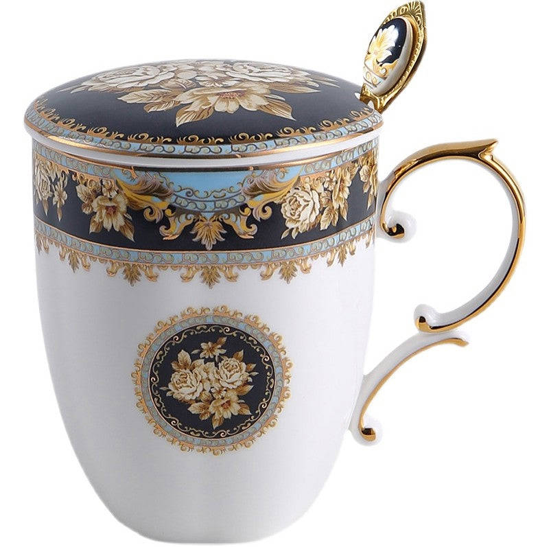 Elegant British Ceramic Coffee Mug with Spoon, Large Capacity Royal Bone China Porcelain Mug