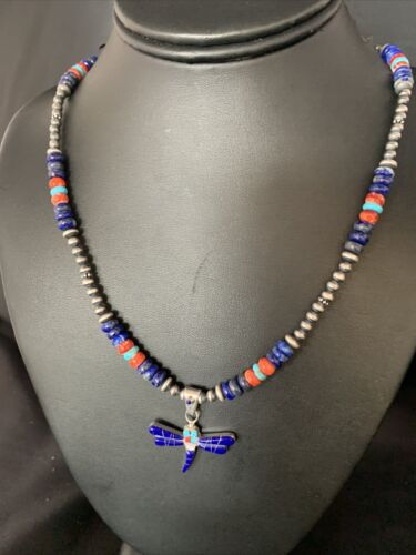 Handcrafted Blue Turquoise Spiny Lapis Oyster Dragonfly Pendant Sterling Silver Necklace