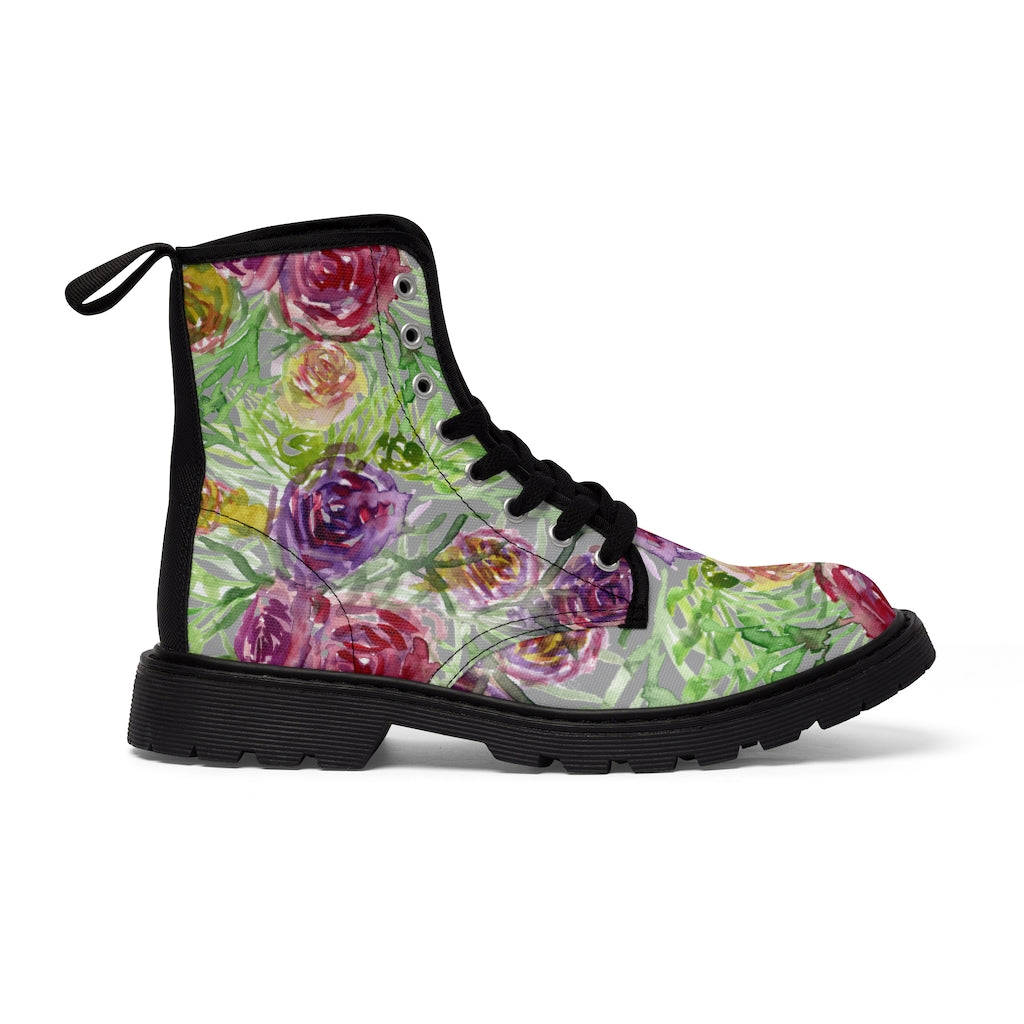 Grey Yellow Floral Women's Boots - Rose Flower Print Combat Boots