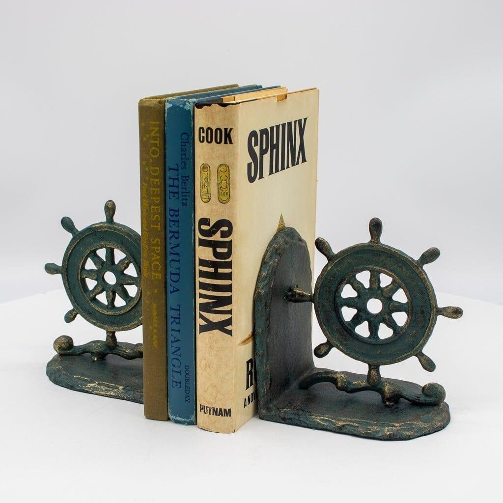 Vintage Nautical Ship Wheel Bookends - Solid Cast Iron Pair
