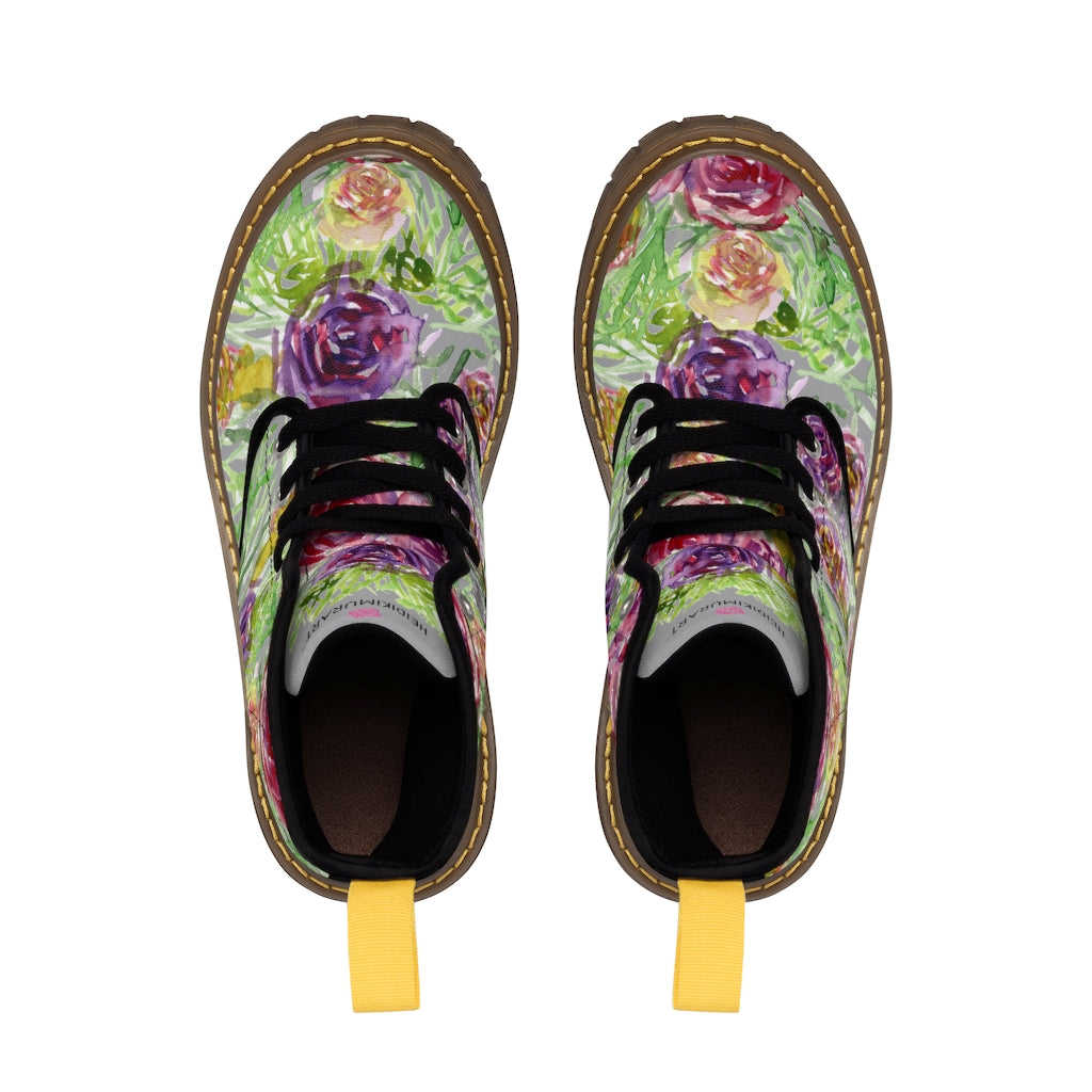 Grey Yellow Floral Women's Boots - Rose Flower Print Combat Boots