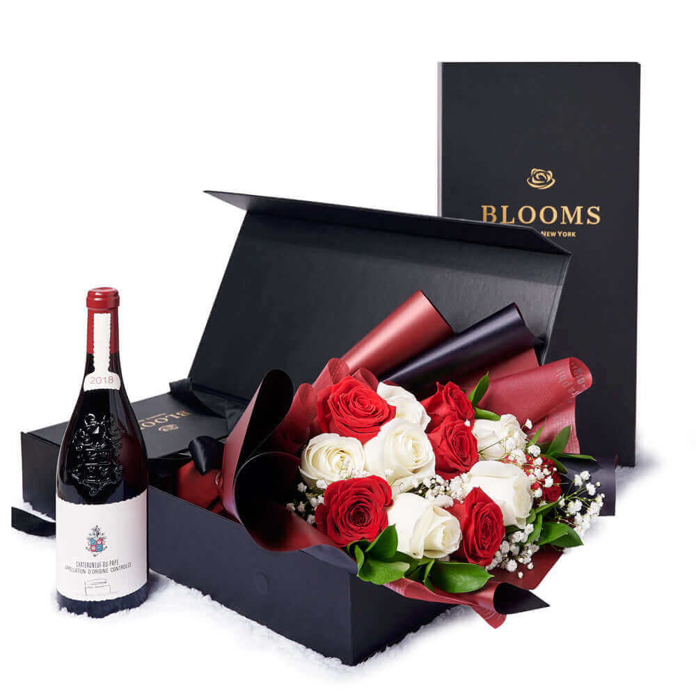 Valentine’s Day 12 Stem Red & White Rose Bouquet With Box & Wine