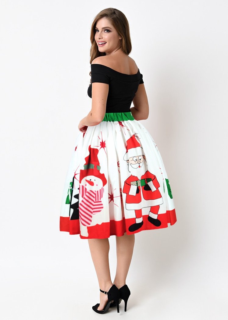 Fashion Snowman Santa Claus Print Christmas Dresses Skirts For Women