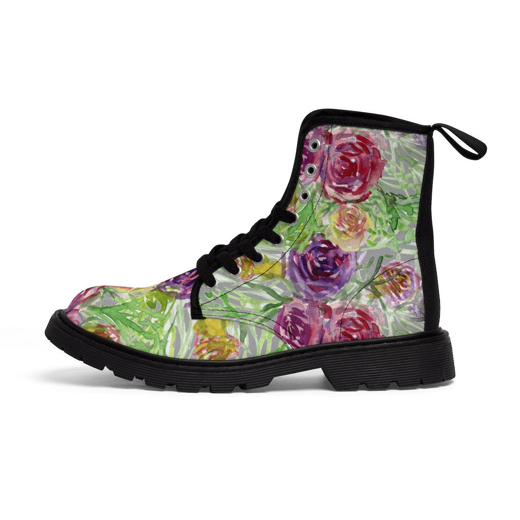 Grey Yellow Floral Women's Boots - Rose Flower Print Combat Boots