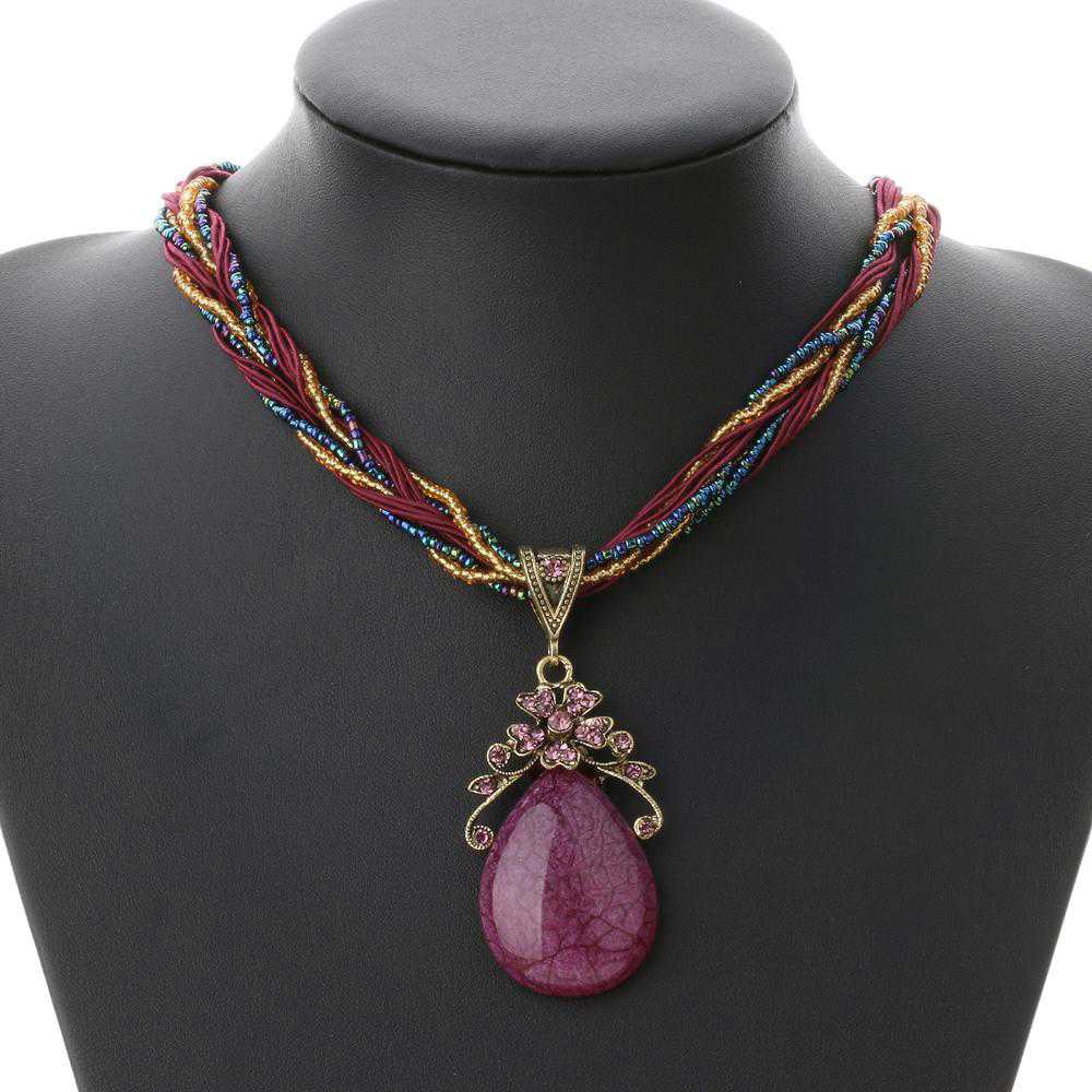 Bohemian Style Multilayer Beads Chain Crystal Gem Pendant Necklace for Women