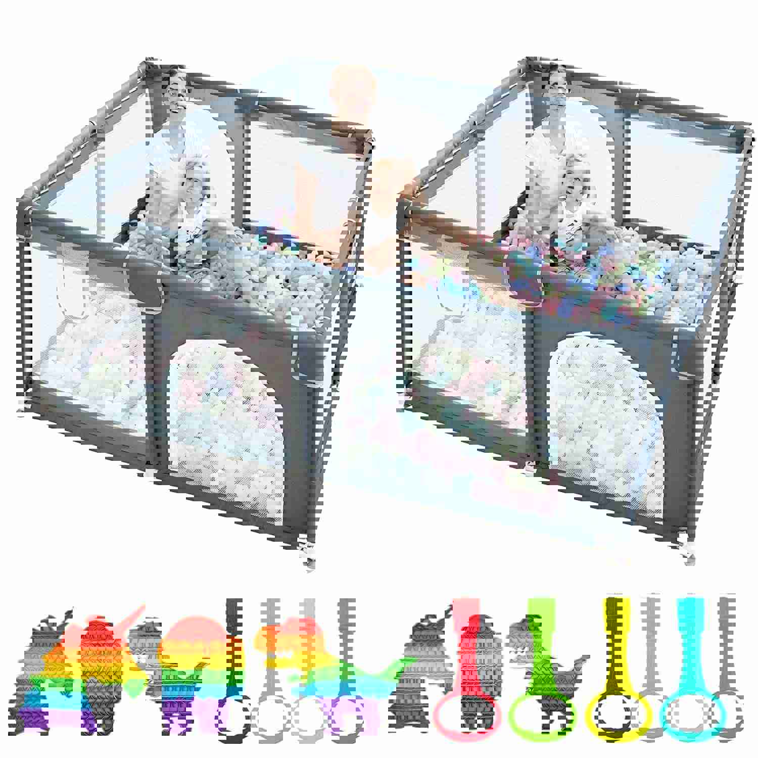 Play Pen for Babies and Toddlers, Safe Indoor & Outdoor Activity Center with Breathable Mesh (Grey)