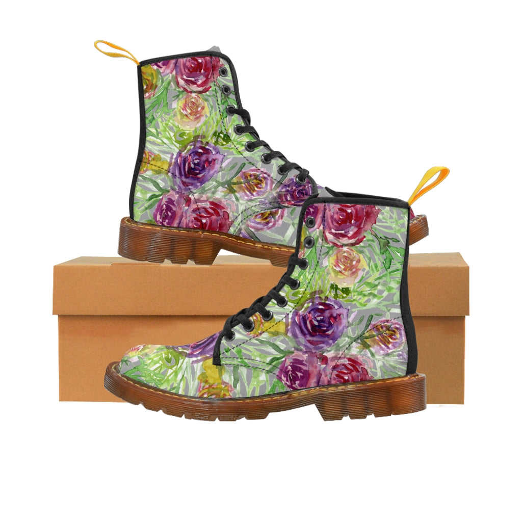 Grey Yellow Floral Women's Boots - Rose Flower Print Combat Boots