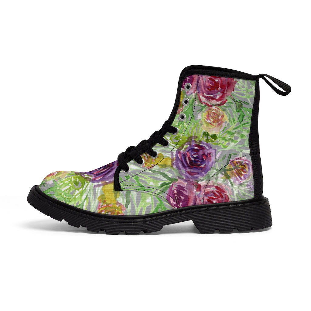 Grey Yellow Floral Women's Boots - Rose Flower Print Combat Boots