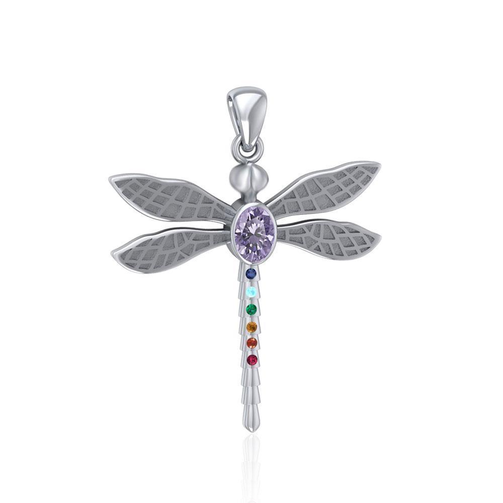 Spiritual Dragonfly Silver Pendant with Chakra Gemstone