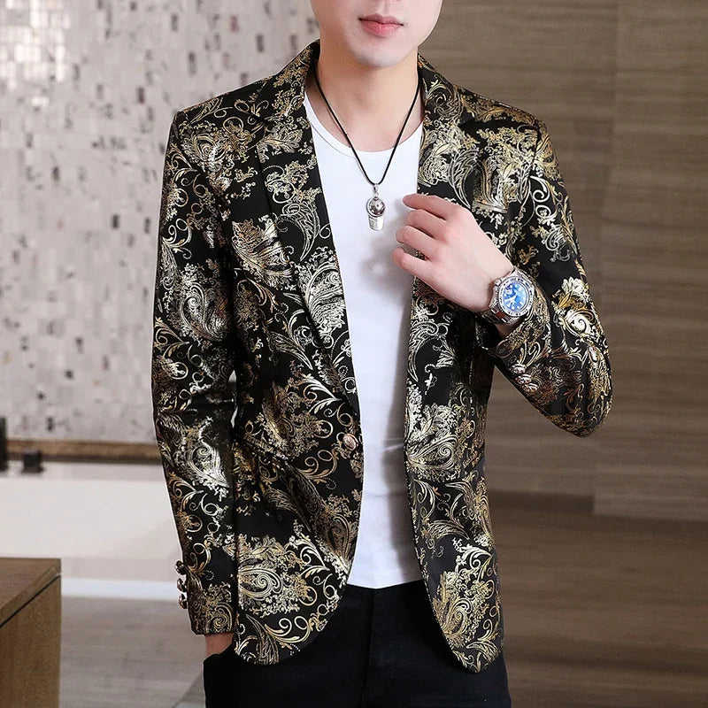 Nukty Gold Blazer Spring New Bronzing Men Slim Fit Suit Jacket for Wedding Nightclub Stage Party