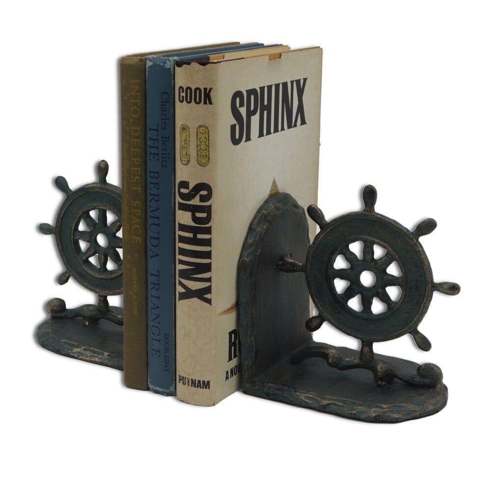 Vintage Nautical Ship Wheel Bookends - Solid Cast Iron Pair