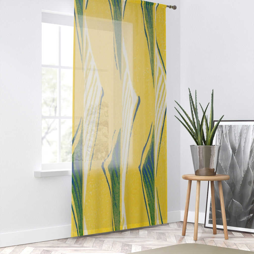 Vintage Japanese Woodblock Yellow & Green Print Sheer Window Curtain