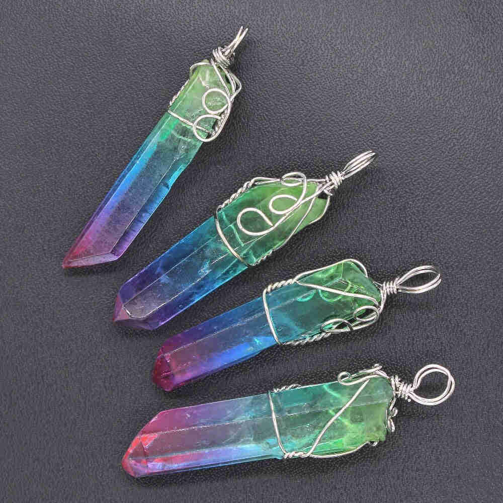 Handmade Wire Wrap Irregular Shape Rock Crystal Dyed Colorful Pendant