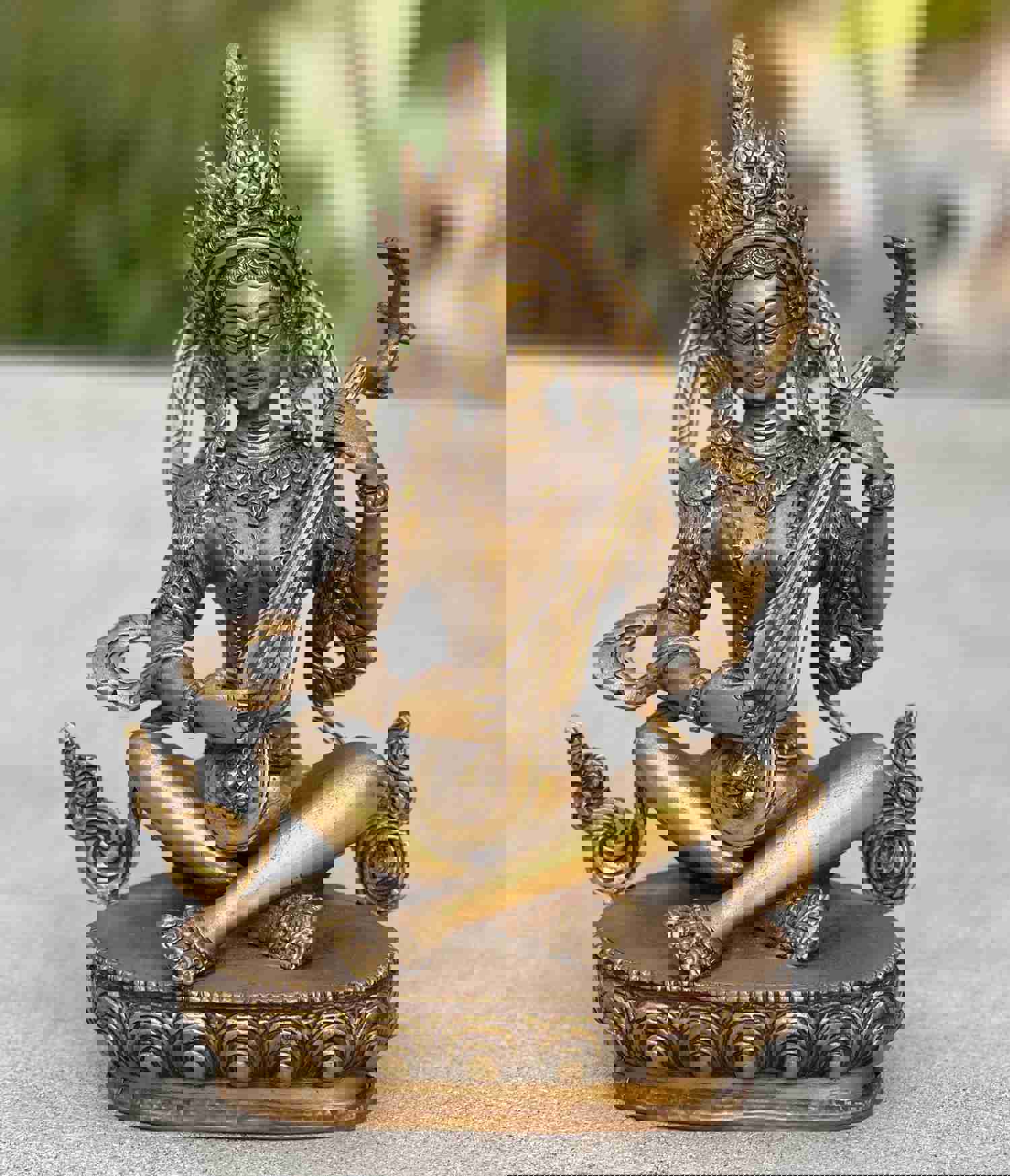 Goddess Of Music and Wisdom Yangchenma Saraswati Statue - Solid Brass Antique Finish, 8 Inches Tall