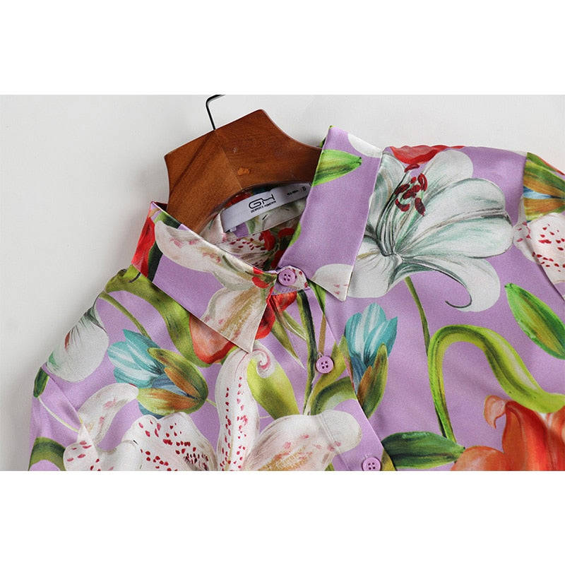 HarleyEuropean American High Street Design Women's Floral Print Silk Blouse