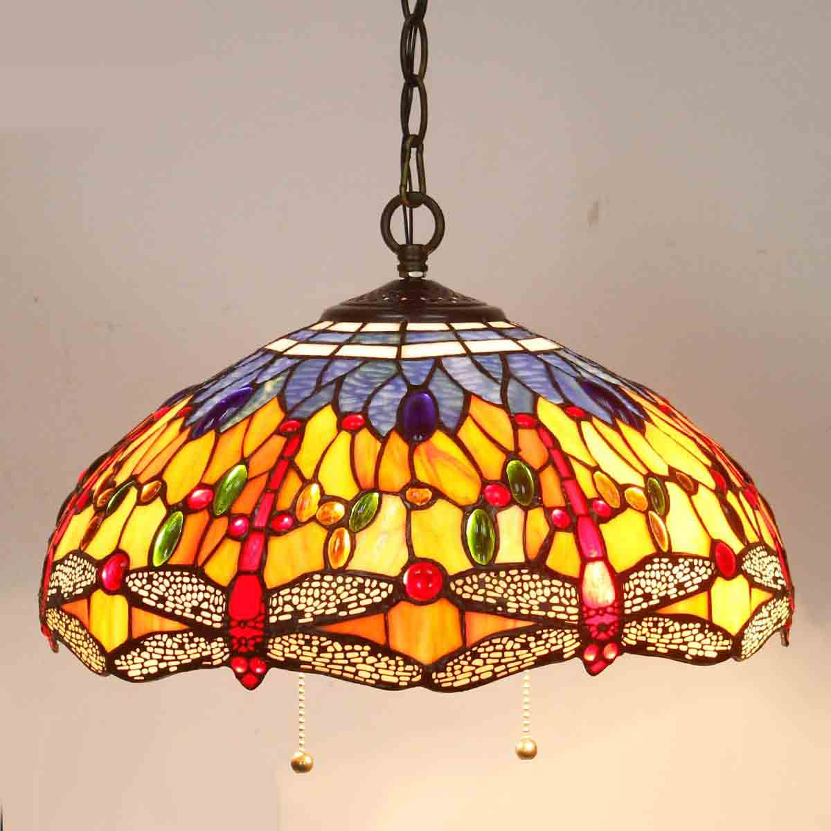 Stained Glass Pendant Lamp Fixture Werfactory® 16 Inch Tiffany Hanging Light Blue Yellow Dragonfly