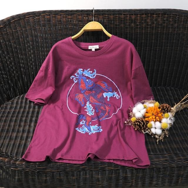 Fashion Overdyed T-Shirt - Bohemian Style Koi Fish Graphic Tee
