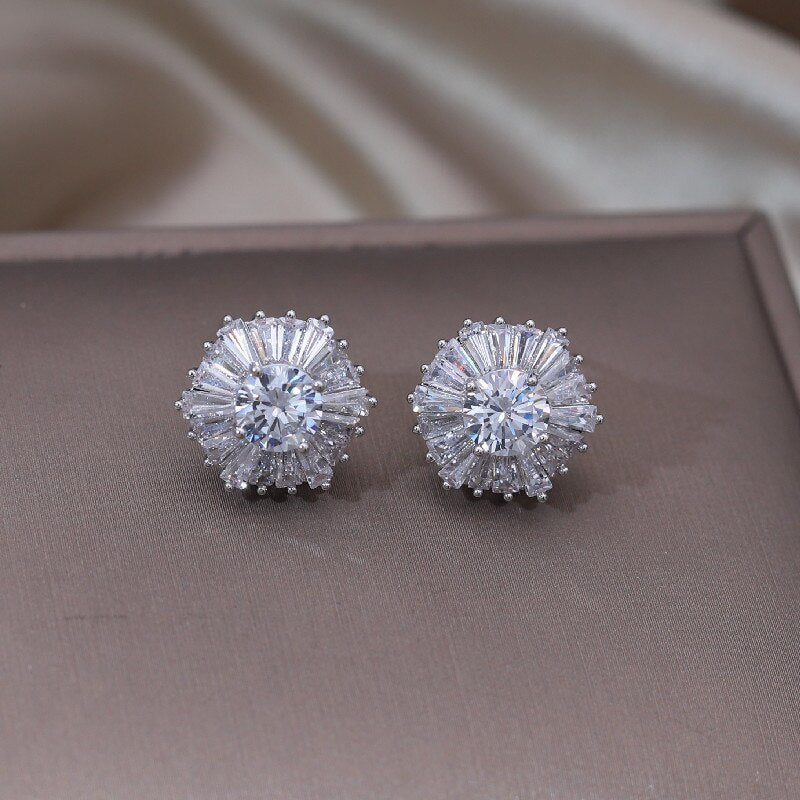 Korea Design Geometric Earrings for Women - Silver Color Copper Zircon Stud Earrings
