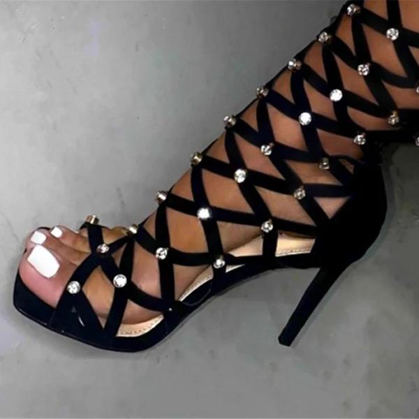 Corashoes Diamonds Square Open Toe High Heel Boots