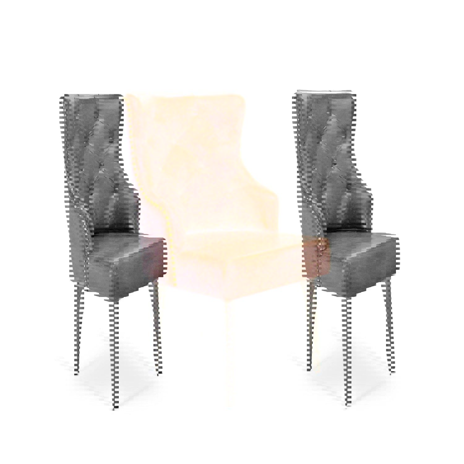 Farmhouse Luxury Dining Chair - Tufted Brown Leather - Metal Legs - Pair