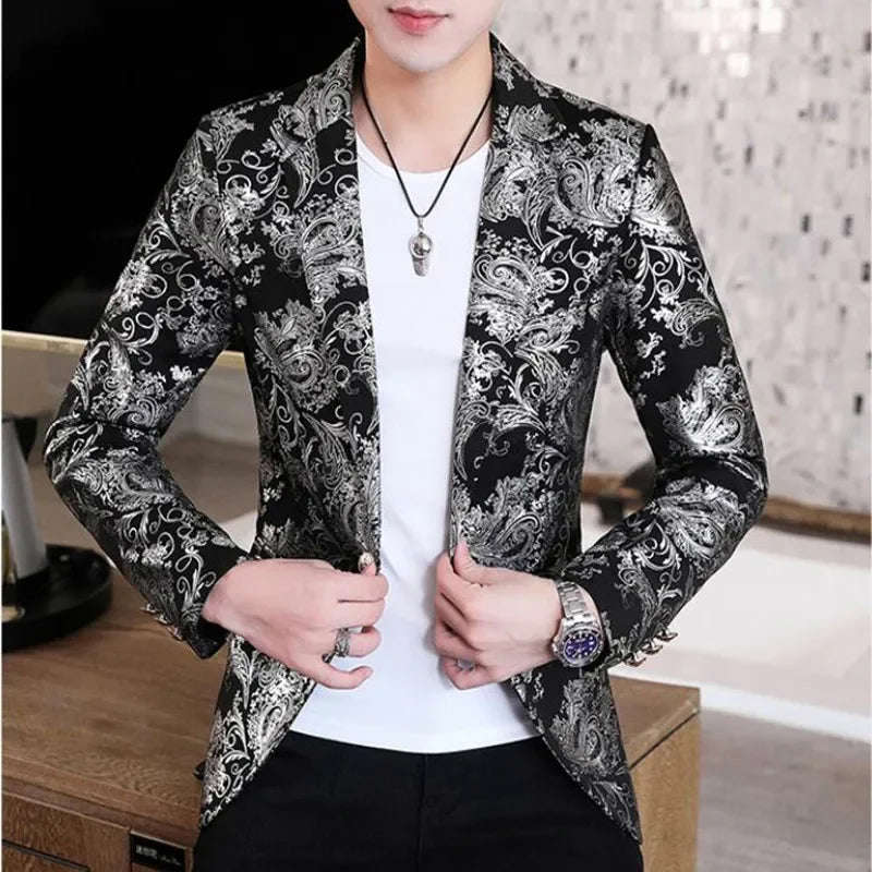 Nukty Gold Blazer Spring New Bronzing Men Slim Fit Suit Jacket for Wedding Nightclub Stage Party