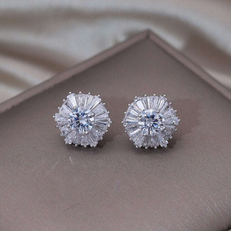 Korea Design Geometric Earrings for Women - Silver Color Copper Zircon Stud Earrings