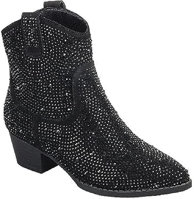 Forever River-01K Girls Rhinestone Cowboy Boots Kids Low Heel Dress Booties