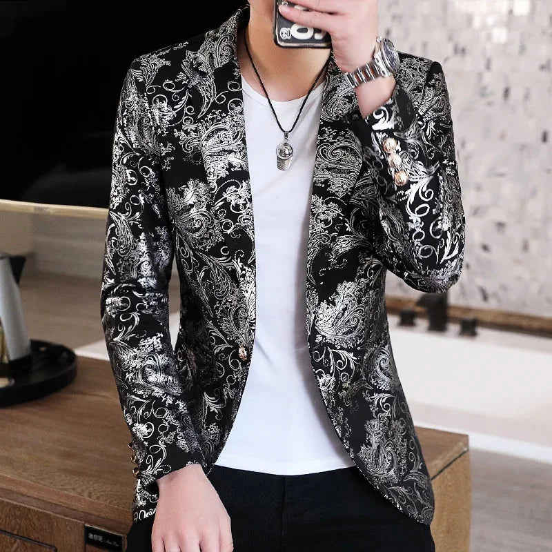 Nukty Gold Blazer Spring New Bronzing Men Slim Fit Suit Jacket for Wedding Nightclub Stage Party