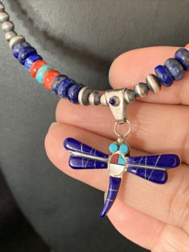Handcrafted Blue Turquoise Spiny Lapis Oyster Dragonfly Pendant Sterling Silver Necklace