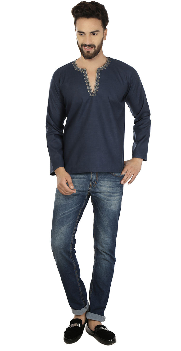 Men's Blue Cotton Short Kurta Shirt - Indian Clothing
