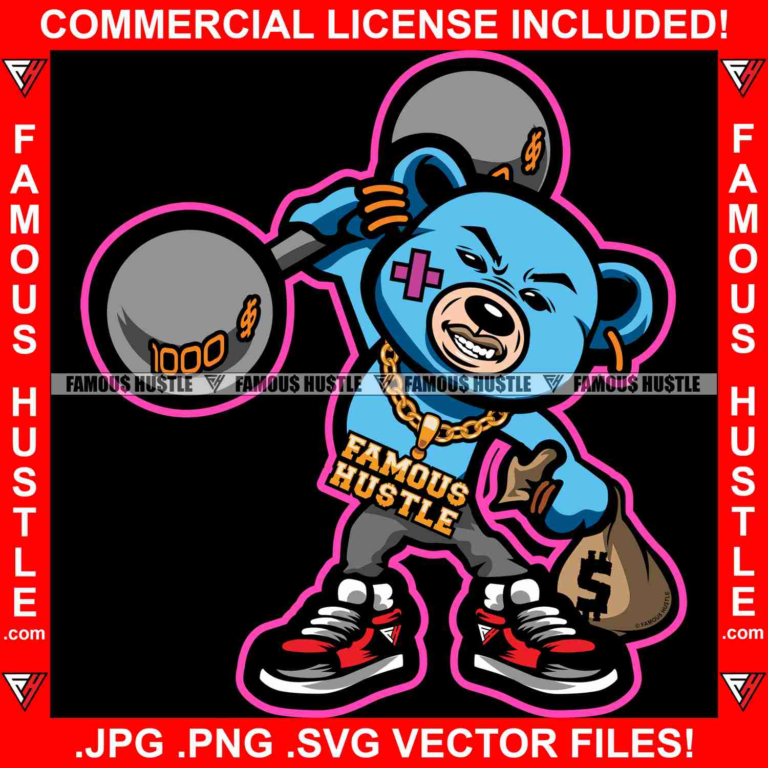 Hustle Gangster Teddy Bear Scar Face Graphic Design T-Shirt Print Files