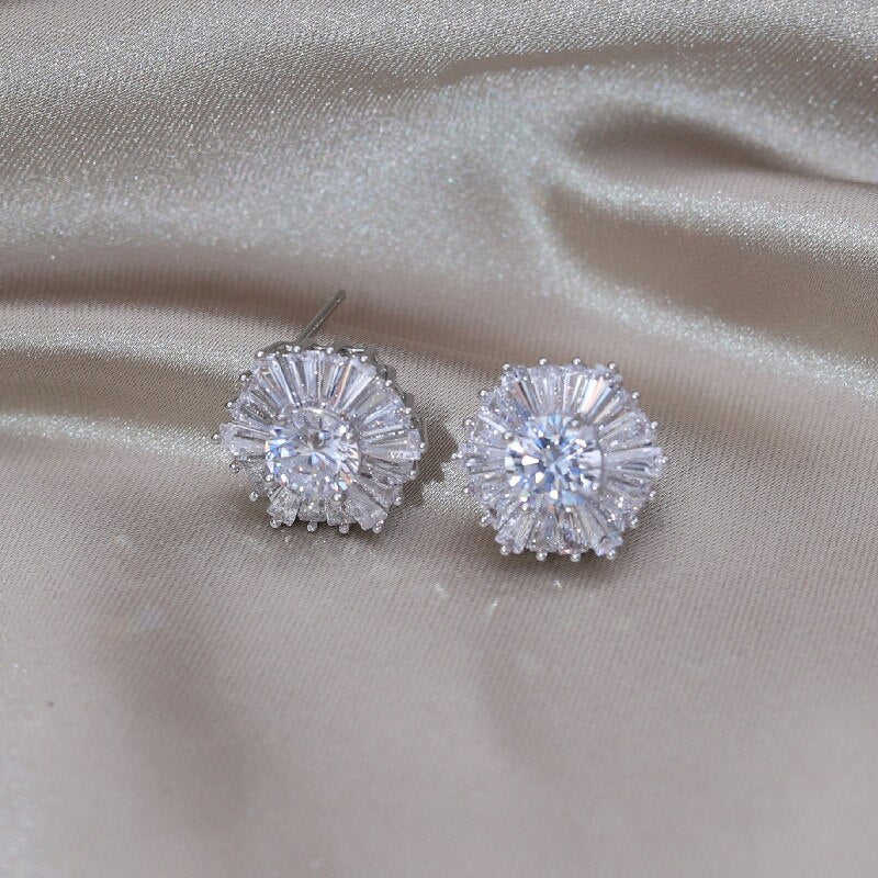 Korea Design Geometric Earrings for Women - Silver Color Copper Zircon Stud Earrings