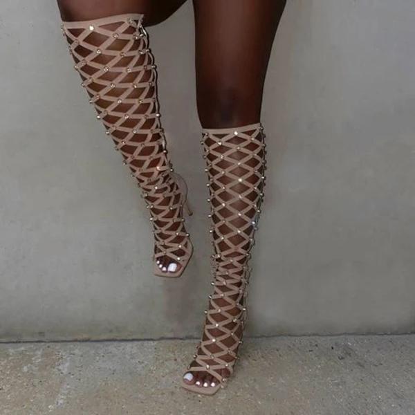 Corashoes Diamonds Square Open Toe High Heel Boots