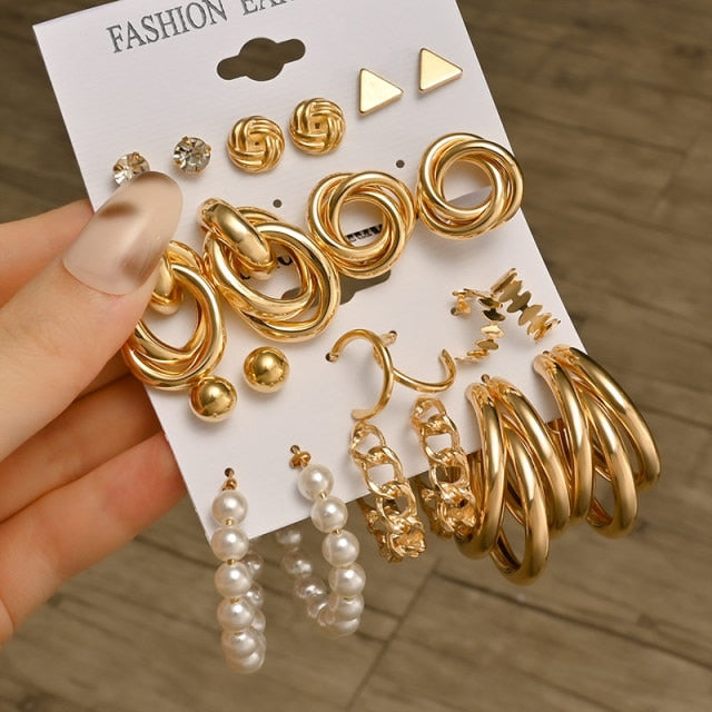 Fashion Geometric Hoop Earrings Set for Women - Vintage Punk Gold Metal Circle Earrings
